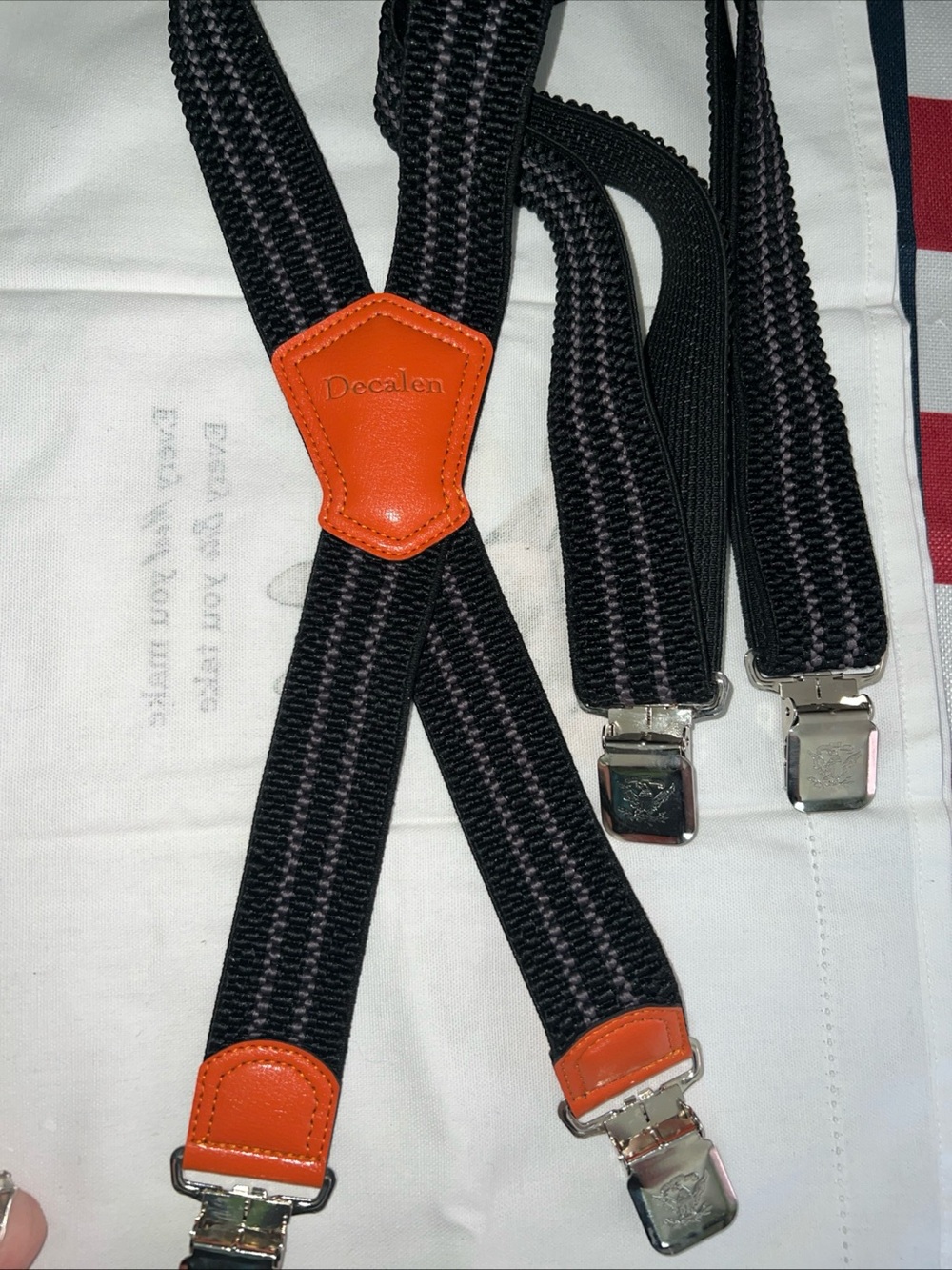 Decalen Heavy Duty Elastic Suspenders Black Orange Metal Clip Adjustable NWOT